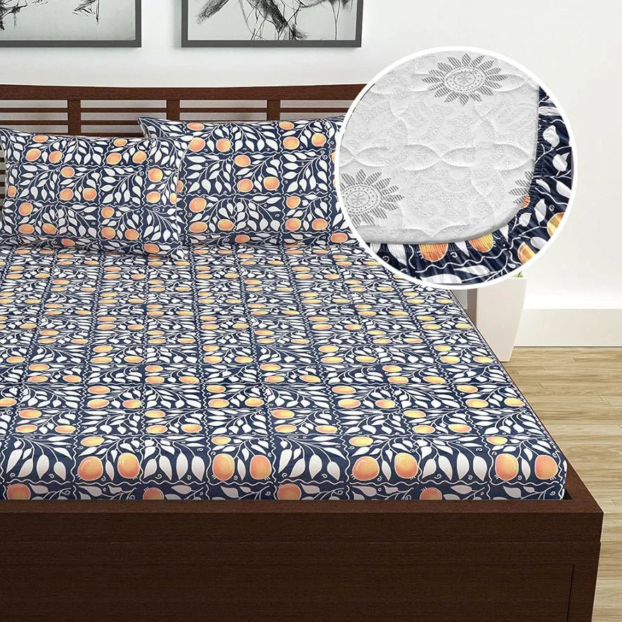 Divine Casa 144 TC Cotton Super Soft Brushed Elastic Fitted Floral Queen Size Double Bed Bedsheet with 2 Pillow Cover Colour Blue Velvet