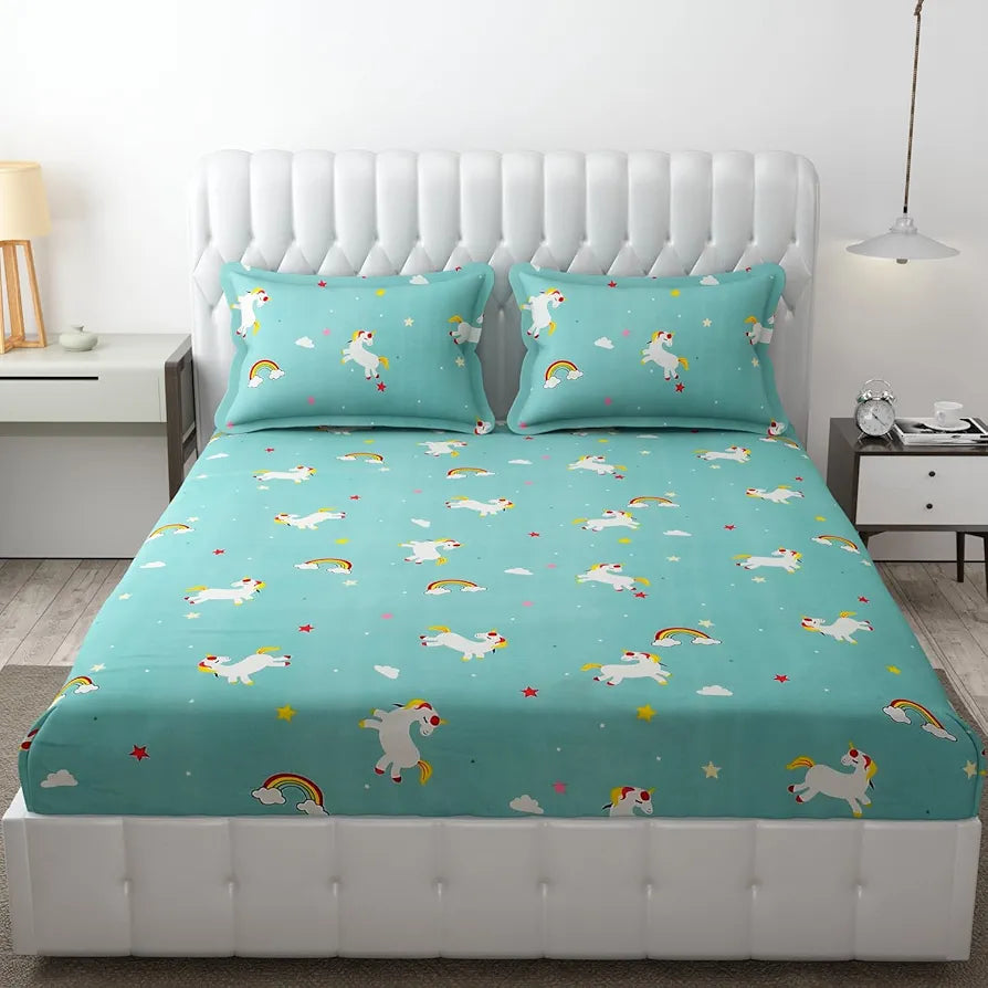 Fresh From Loom Cartoon Wrinkle Free Microfiber Bedsheet for Kids Multicolor 144 TC Teal