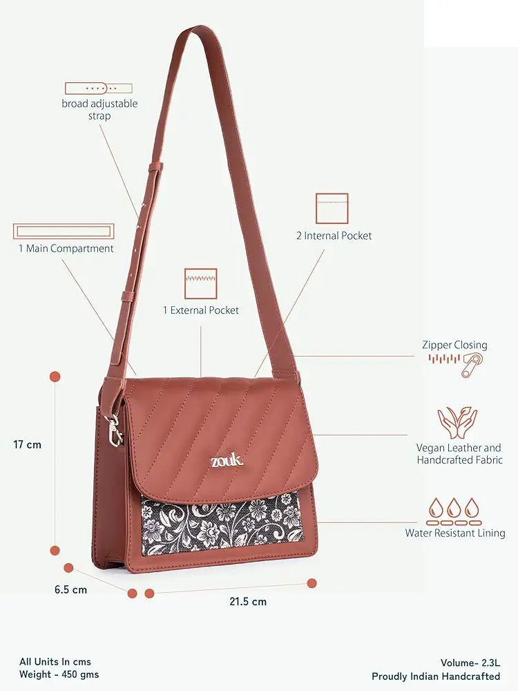 Zouk Vegan Leather & Jute Flap Closure Beyond Basic Sling Bag For Women's Girls