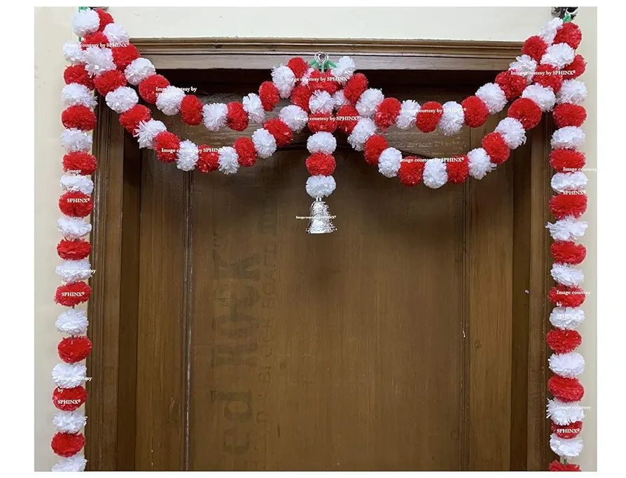 Artificial Marigold Fluffy Flowers Garlands Door Toran Set/Door Hangings White & Red