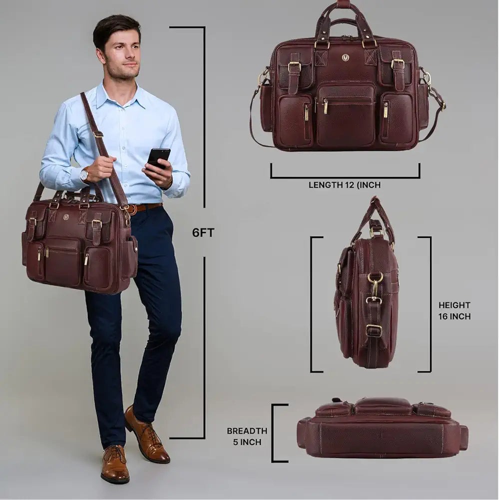 WildHorn Leather Laptop Bag for Men/Office Bag for Men | Fits Upto 15.6 Inch Laptop/MacBook | Laptop Messenger Bag/Leather Bag for Men I Dimension : L-16 inch W-4 inch H-13 inch