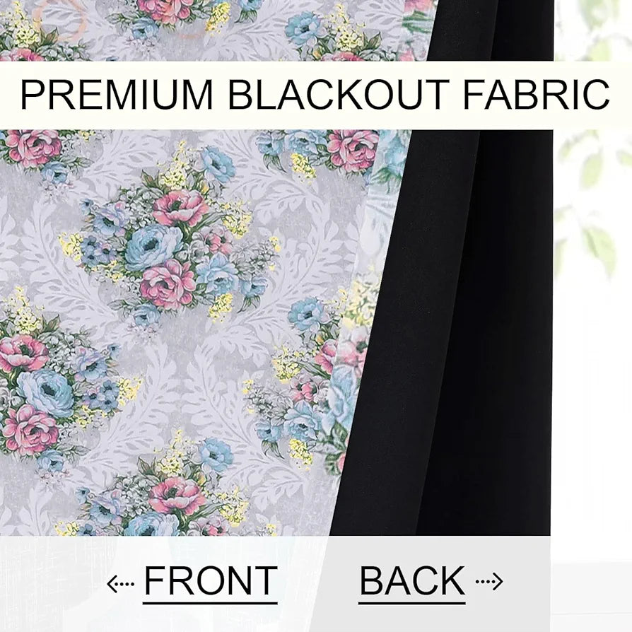 Cloth Fusion Blackout Printed Premium Window Curtains 5 Feet Long Set of 2 Ivory Bouquet