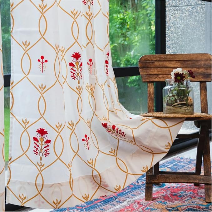 Urban Space Cotton Semi Sheer Curtains for Door Set of 2 with Eyelets and Tieback(Colour Floral Ripples Red & Brown)