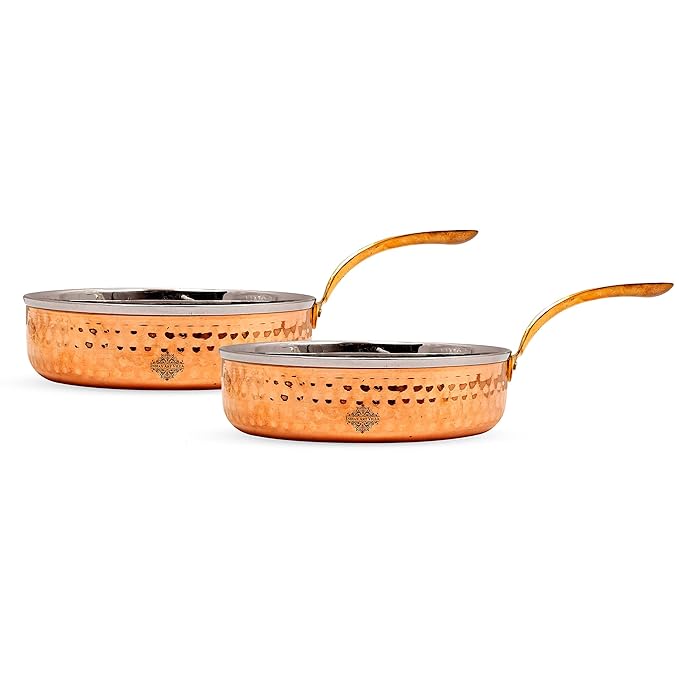Indian Art Villa Steel Copper Serving Pan With Brass Handle | 700 ml