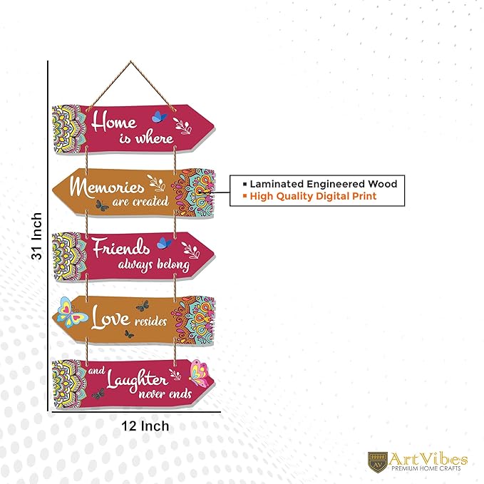 Artvibes Home Quotes Decorative Art Mdf Wooden Wall Hanger for Living Room | Set of 5