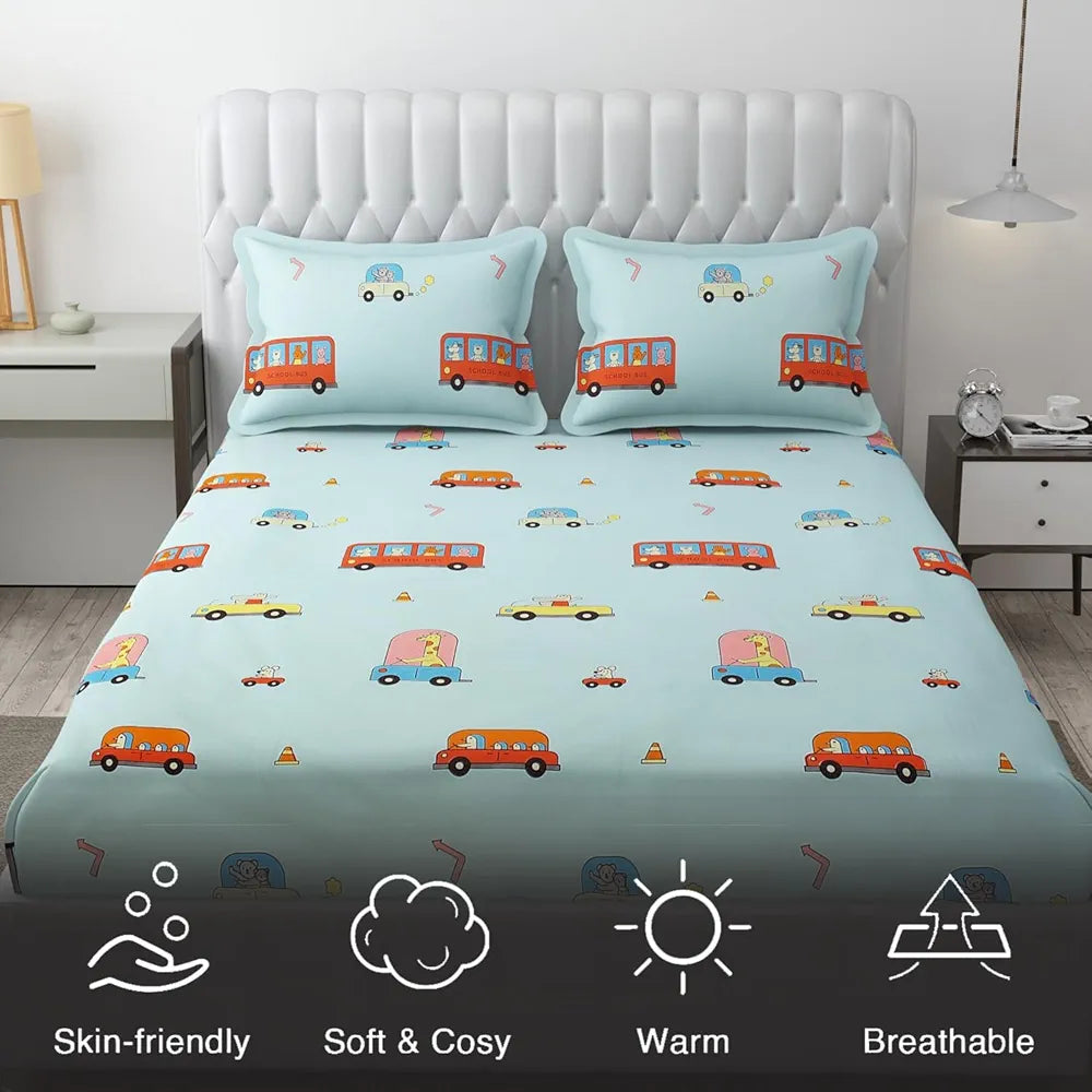 Fresh From Loom 300 TC Glace Cotton Soft Hypoallergenic Elastic Fitted Bed Sheet with 2 Pillow Cover Aqua Bus Queen