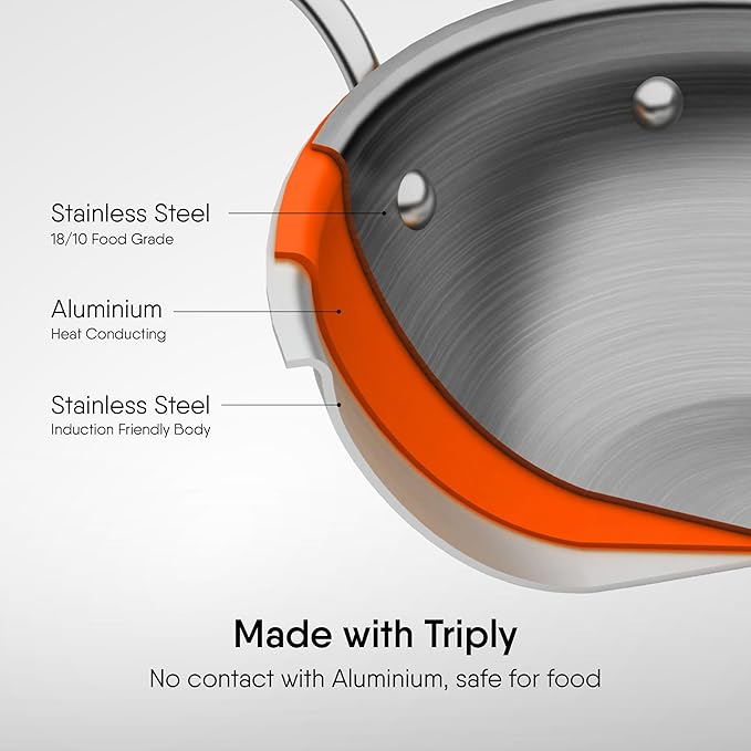 Stahl Artisan Triply Stainless Steel Wok With Lid | Stir Fry Wok | Induction & Gas Stove Compatible | 3.3 L | 26 Cm