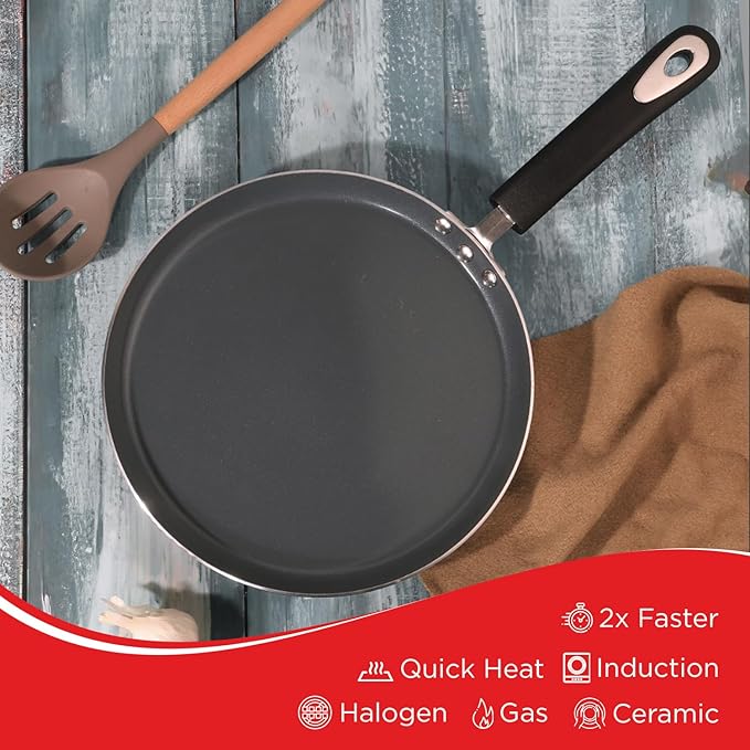 Vinod Zest Ceramica Dosa Tawa - 28 cm | Natural Stick Free Roti Tawa | Stylish Handle | Toxin Free | Induction and Gas Base