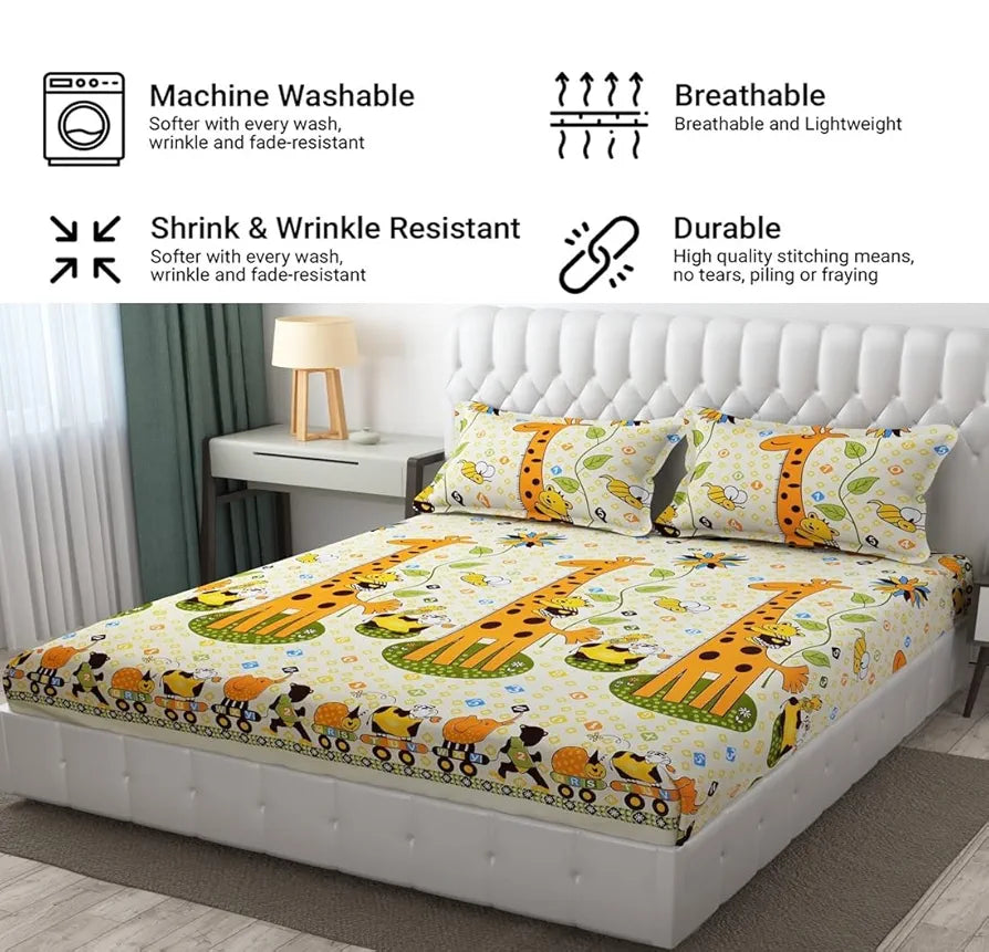 Fresh From Loom Bed Sheet Cartoon Printed Double Bed King Size Kids Bedsheet Yellow 144 TC Cream and Yellow