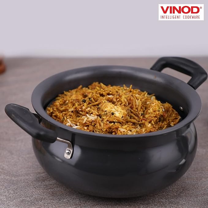 Vinod Black Pearl Hard Anodised Non Stick Handi with Lid - 3.8 Litre, Small | 3.25mm Thickness | Biryani Pot