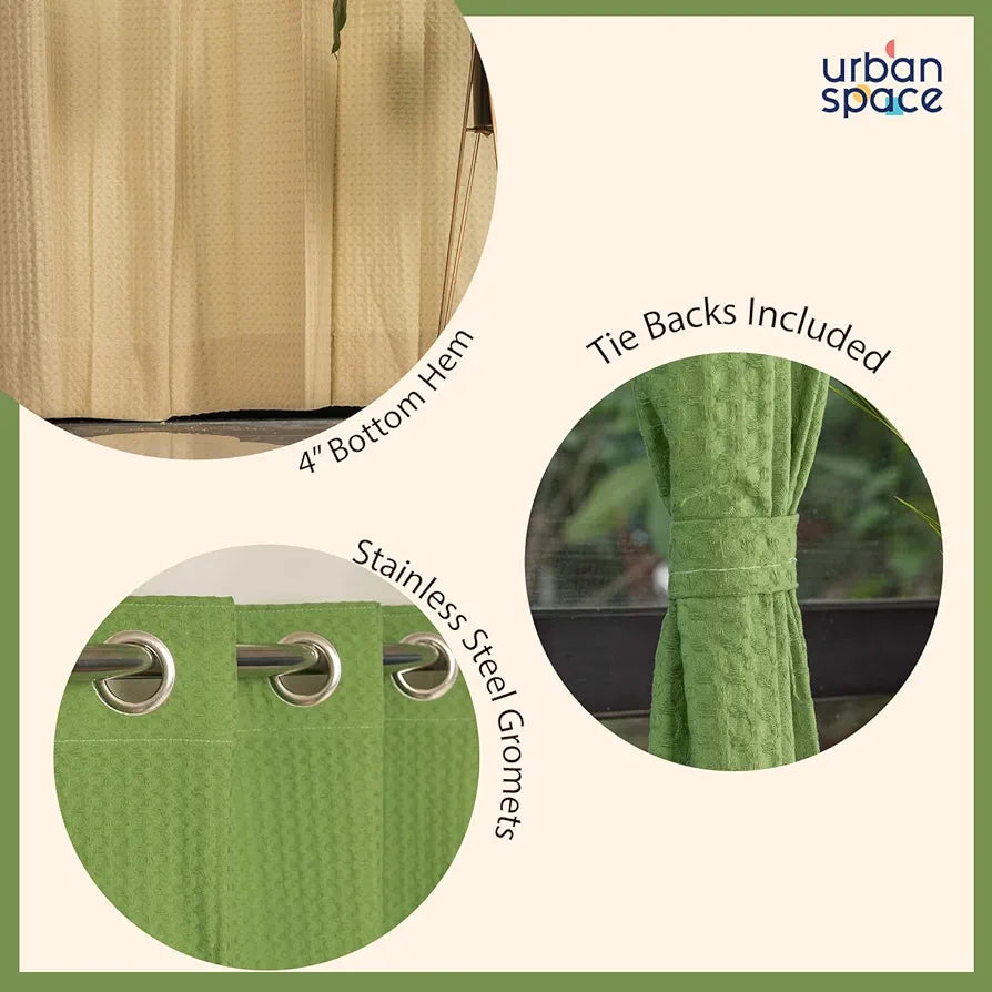 Urban Space Cotton Waffle Weave Curtains for Window Set of 3 Curtains 5 feet Long Room Darkening Tieback & Eyelets Included with Curtains Sage Green & Beige