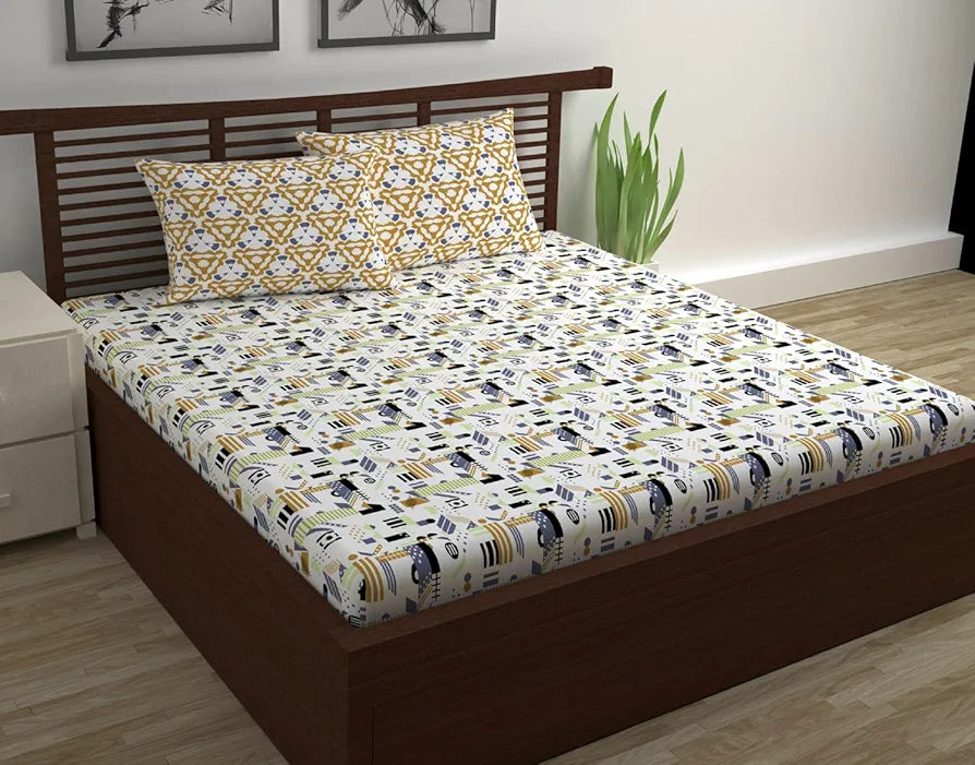 Divine Casa 144 TC Cotton Bedsheet for Double Bed with 2 Pillow Cover Colour Yellow & White
