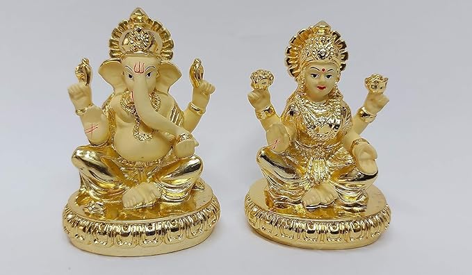 Gold Art India Gold Plated New Chakra Laxmi Ganesha Pair Idol Laxmi Gold Off White Colour