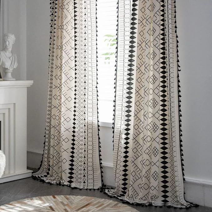 Huesland Cotton Curtains for Door, 7 Feet Long 1 Bohemian Eyelet Curtain | Boho Tribal White & Black