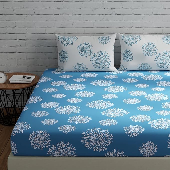 Huesland by Ahmedabad Cotton 144 TC Cotton Bedsheets for King Size Bed with 2 Pillow Covers | Blue & White