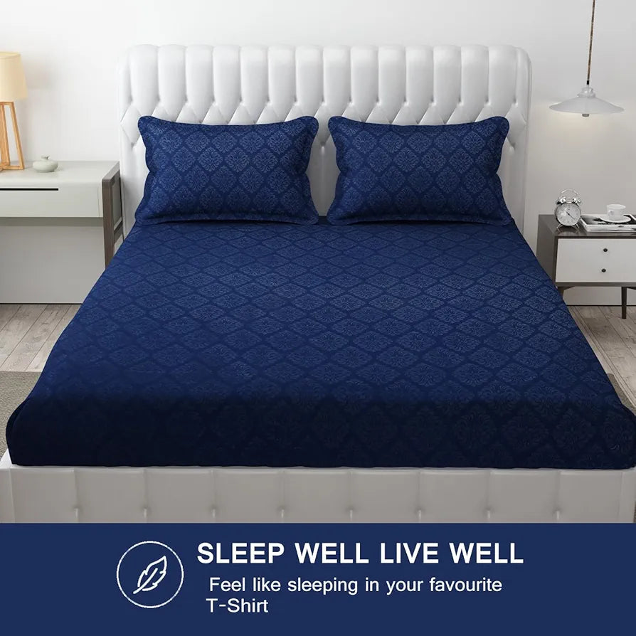 Fresh From Loom Printed Double Bedsheet King Size Microfiber Wrinkle Free With 2 Pillow Covers 144 TC Navy-Blue Damas