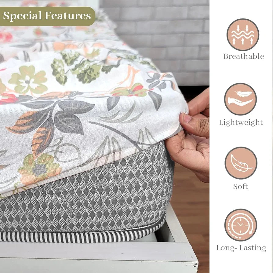 Divine Casa 144 Tc Cotton Floral Print King Size Double Bed Elastic Fitted Bedsheet With 2 Pillow Cover Colour Galaxy Peach