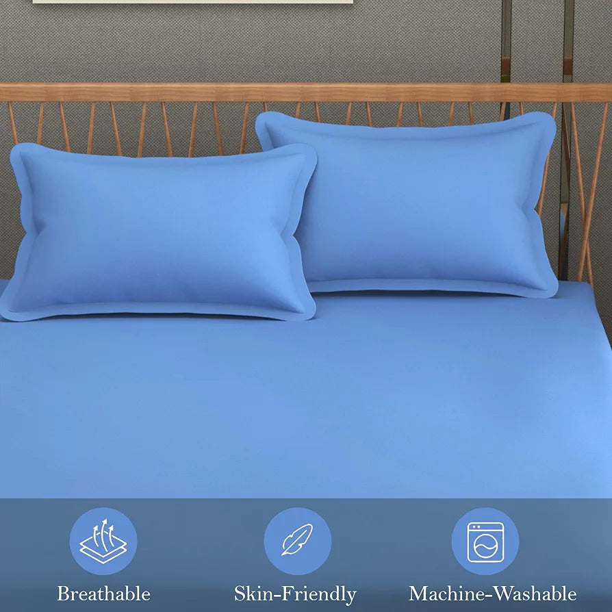 Fresh From Loom 144 TC Plain King Size Microfiber Bed Sheet Set Printed with 2 Pillow Covers Skyblue Plain
