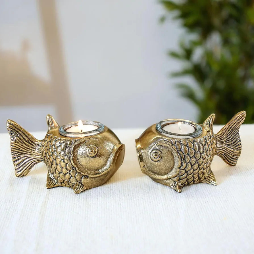 BEHOMA Metal Fish Aluminum Figurine with Votive Good Luck and Success | Candle Holder for Home Decor Tabletop Living Room | Showpiece for Valentine's Day, Birthday, Gold