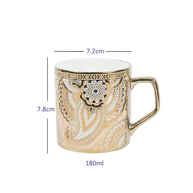 Femora Floral Pattern With Radial Background Golden Coffee Mugs | 180 Ml | Golden | 6 Pieces Set | Not Microwave Safe