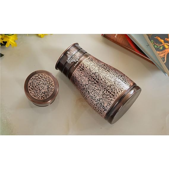 Indian Art Villa Pure Copper Bedroom Water Bottle With Inbuilt Glass Dark Embossed Design