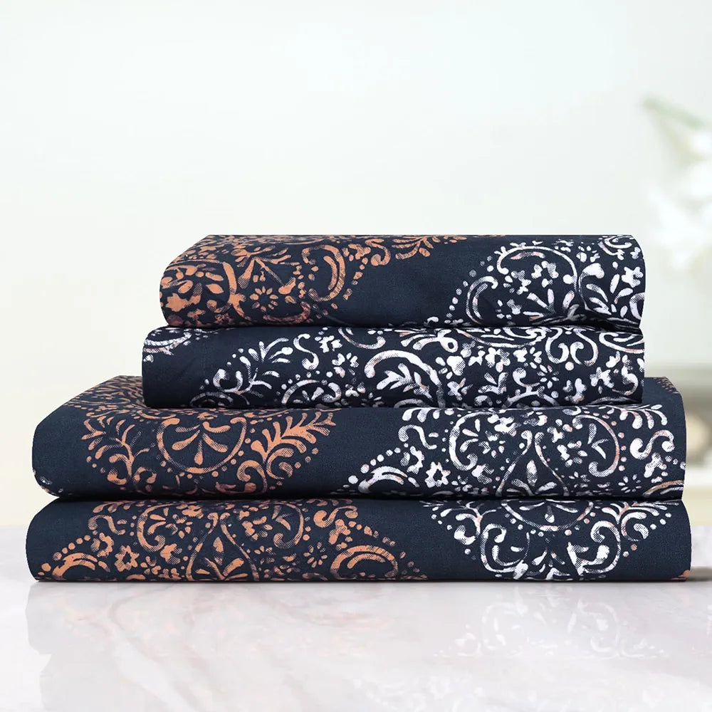 Cloth Fusion Elastic Fitted Queen Size Bed Sheet with 2 Pillow Covers Midnight Paisley Colour