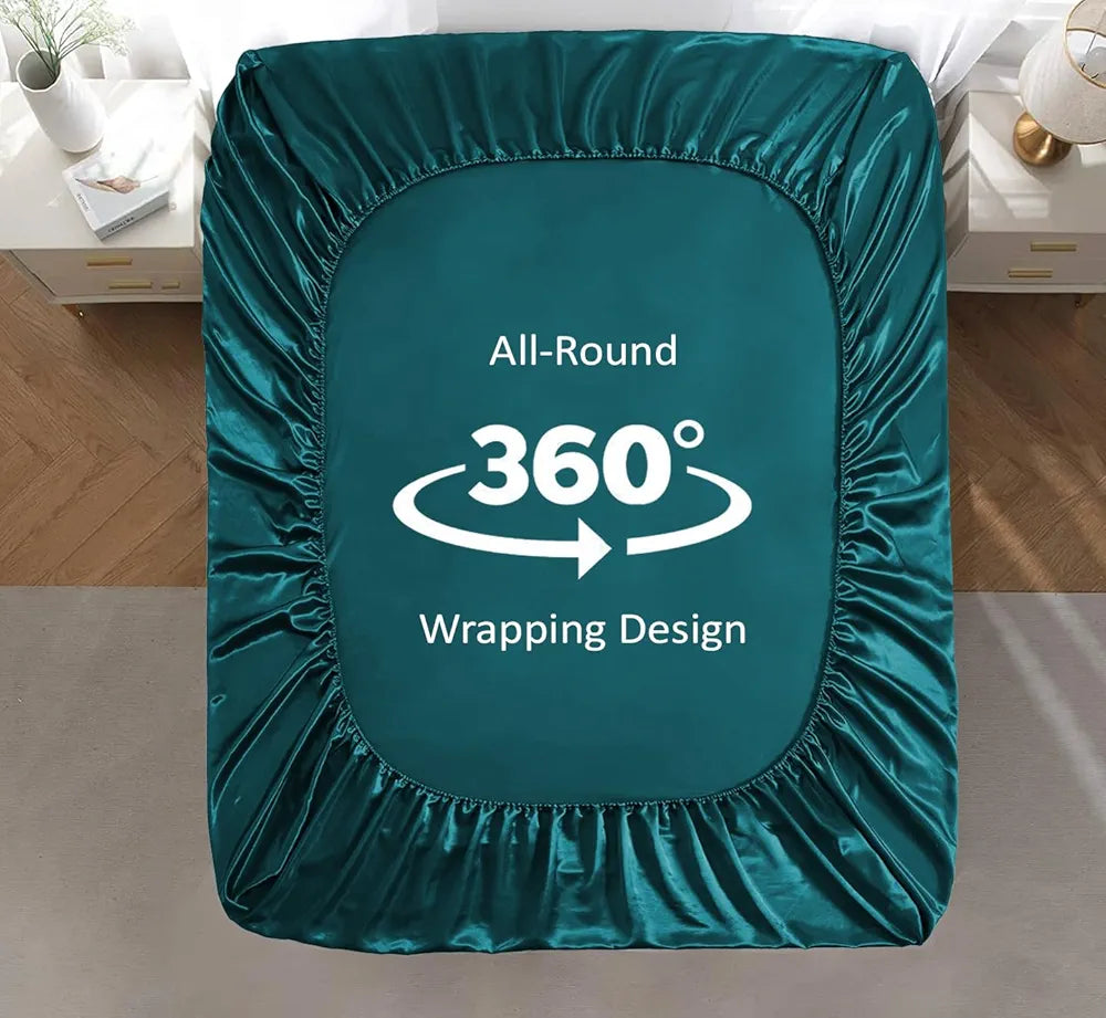 Cloth Fusion Satin Elastic Fitted Bedsheets Double Bed with 2 Pillow Covers Peacock Green