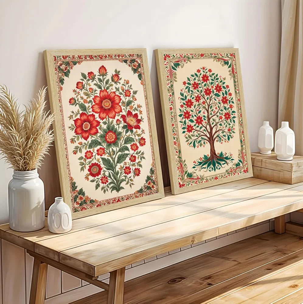 ArtX Paper Floral Art Paintings Flowers - 04 with Frame Multicolor Natural Wood Color Set of 2