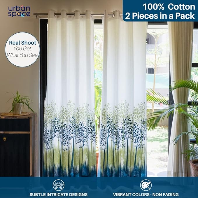 Urban Space Cotton Semi Sheer Curtains For Door Set Of 2 With Eyelets And Tieback (Colour Panel Jungle Blue)