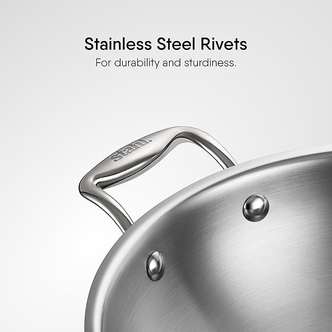 Stahl Artisan Triply Stainless Steel Wok With Lid | Stir Fry Wok | Induction & Gas Stove Compatible | 3.3 L | 26 Cm