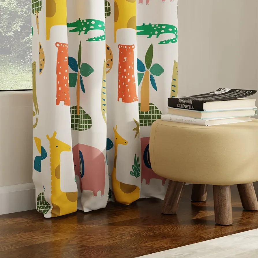 Urban Space Digital Printed Blackout Curtains for Door Bedroom Room Darkening Blackout Kids Decorative Curtains, 1 Piece Curtain Jungel Safari Buttercream