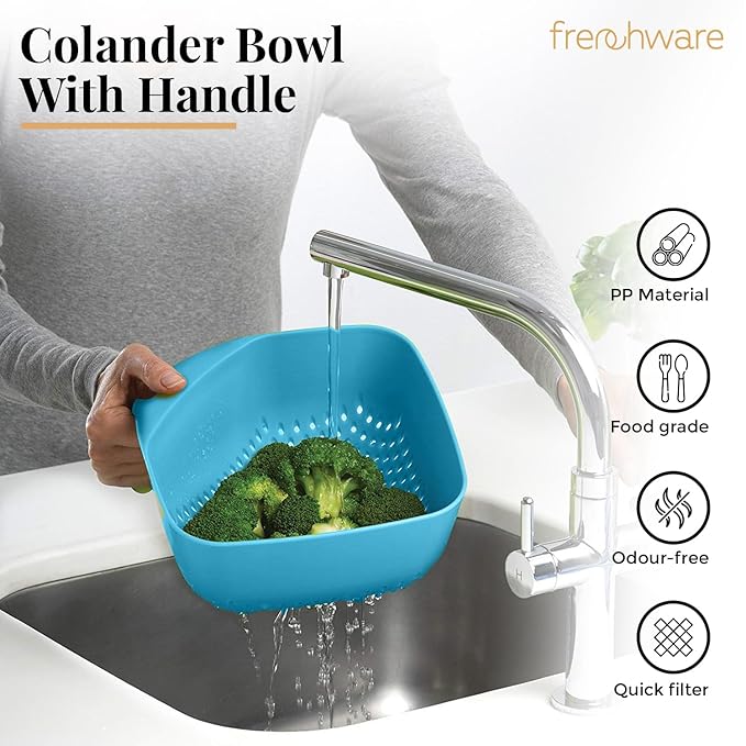 Frenchware 1 Unit Plastic Colander With Handles, Premium-grade Plastic, 100% Food Safe | Dishwasher Safe | Turquoise