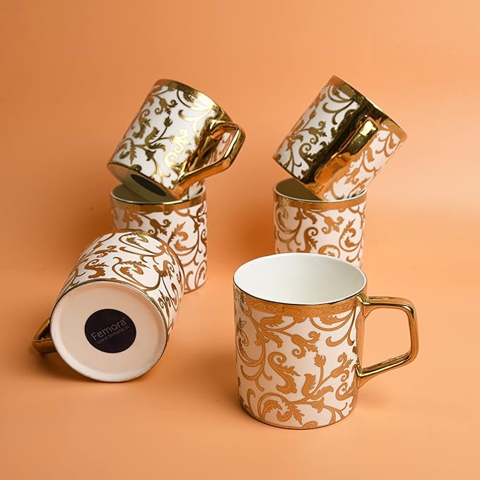 Femora Gloden Floral Motif Pattern Golden Tea Mugs, Ceramic | Coffee Mugs | 180 Ml | Golden | 6 Pcs Set | Not Microwave Safe