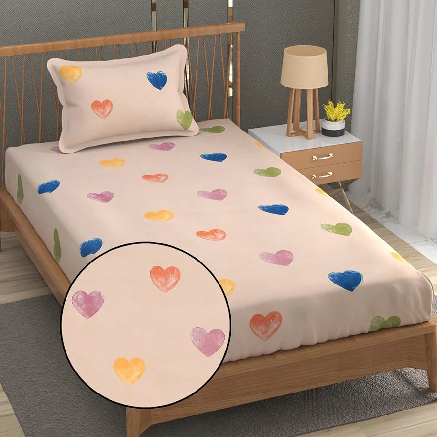 Fresh From Loom Floral Print 240 TC Single Bed Bedsheet Microfiber Anti Fade 1 Pillow Covers Heart-Brown