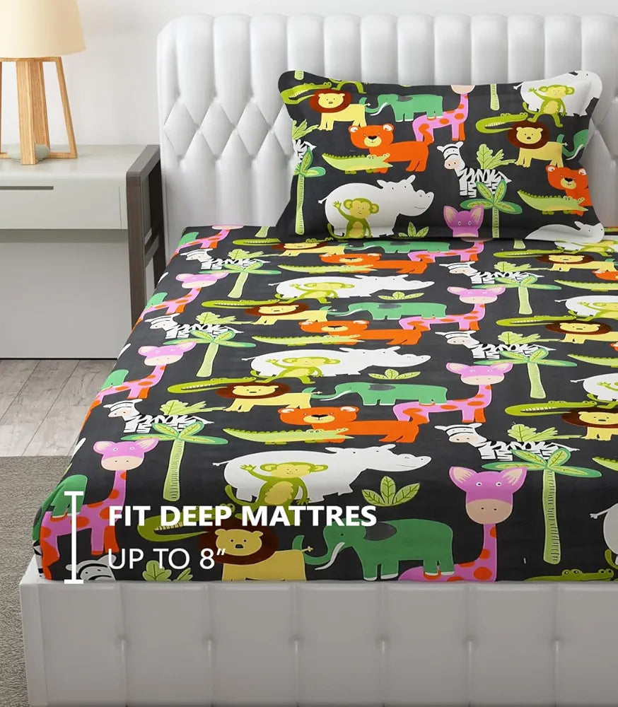 Fresh From Loom Glace Cotton Elastic Fitted Bed Sheet with 1 Pillow Cover Cartoon Printed Bedsheet Black Animal 300 TC Multicolor