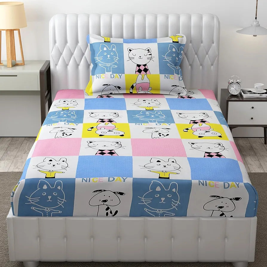 Fresh From Loom Hypoallergenic Glace Cotton Kids Single Bedsheet-Rotary Printed Wrinkle Free With 1 Pillow Covers 144 TC Aqua Pink