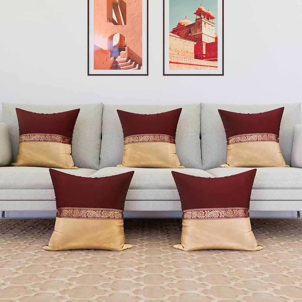 Kuber Industries Cushion Cover Pillow Covers Center Lace Cushion Covers Set of 5 Maroon