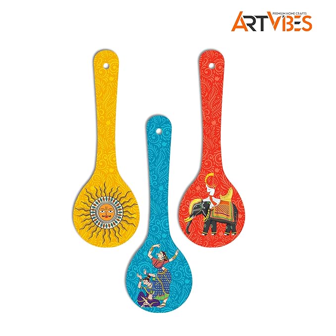 Artvibes Madhubani Art Wooden Wall Hanger for Home | Set of 3