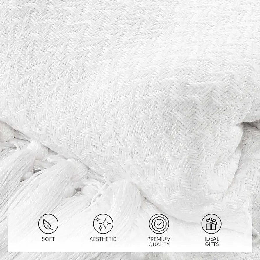 Sashaa World Cotton Chevron Throw Blanket Handwoven with Fringes Colour White