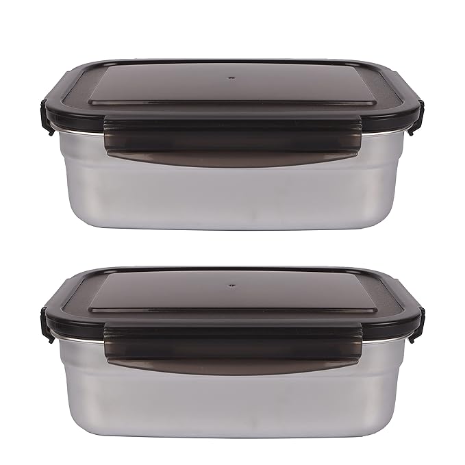 Femora Lunch Box High Steel Rectangle Heavy Duty Airtight Leakproof Unbreakable Storage Container With Lock Lid | 850 Ml | Set of 2