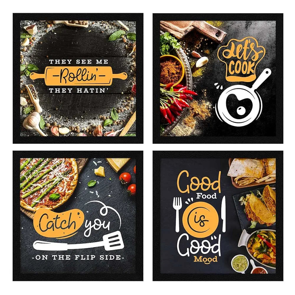ArtX Kitchen Food Quotes Motivational Funny Wall Art Frames Multicolour Framed Posters Set of 4