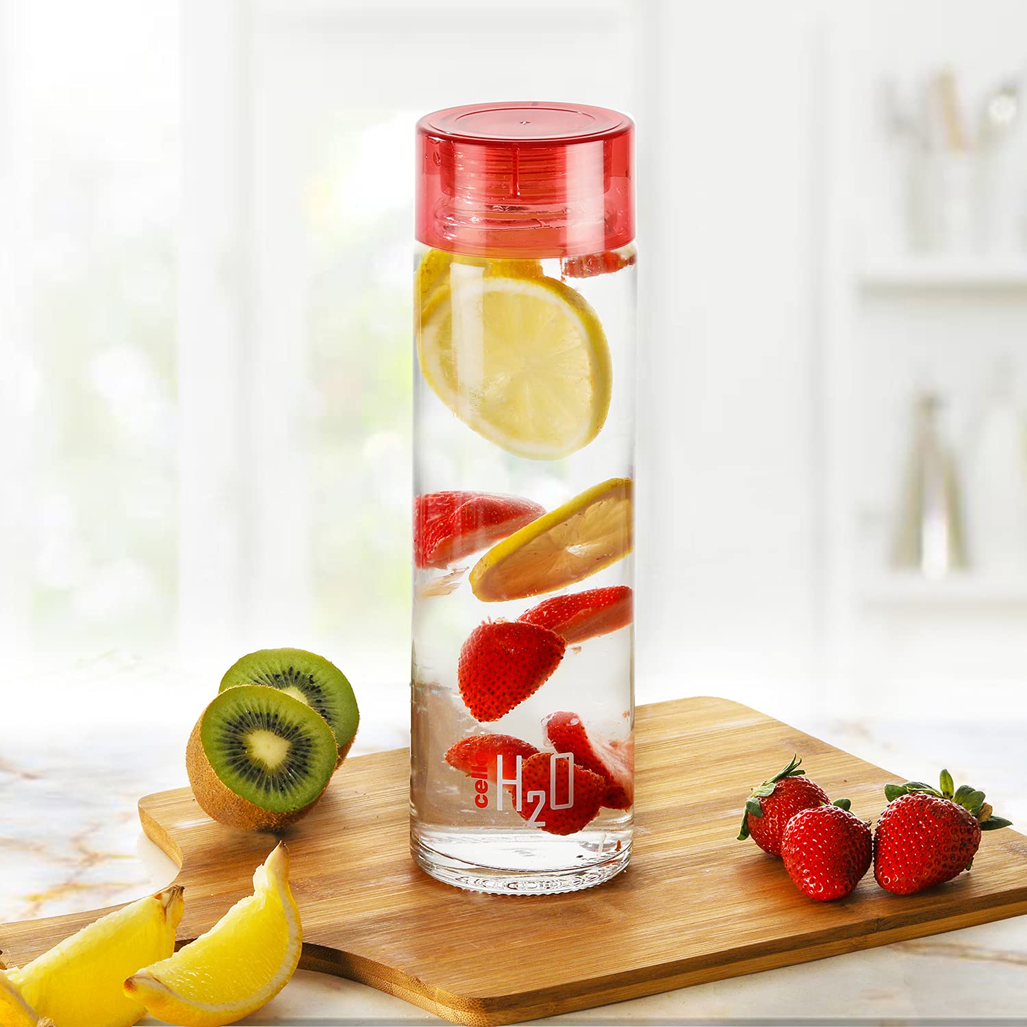 Cello H2O Glass Fridge Water Bottle with Plastic Cap | 920 ml | Set of 3 | Red