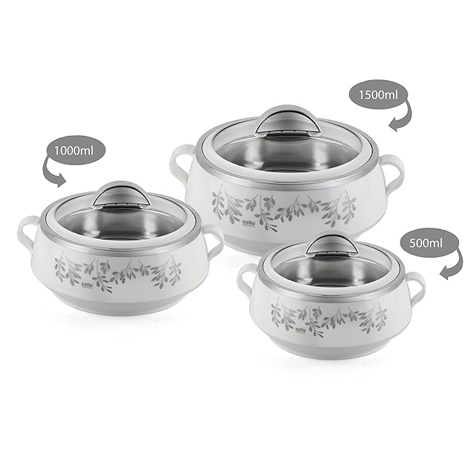 Cello Glitter Casserole With Inner Steel | Insulated Stainless Steel Inner Body Casserole Set for Meal | Set of 3