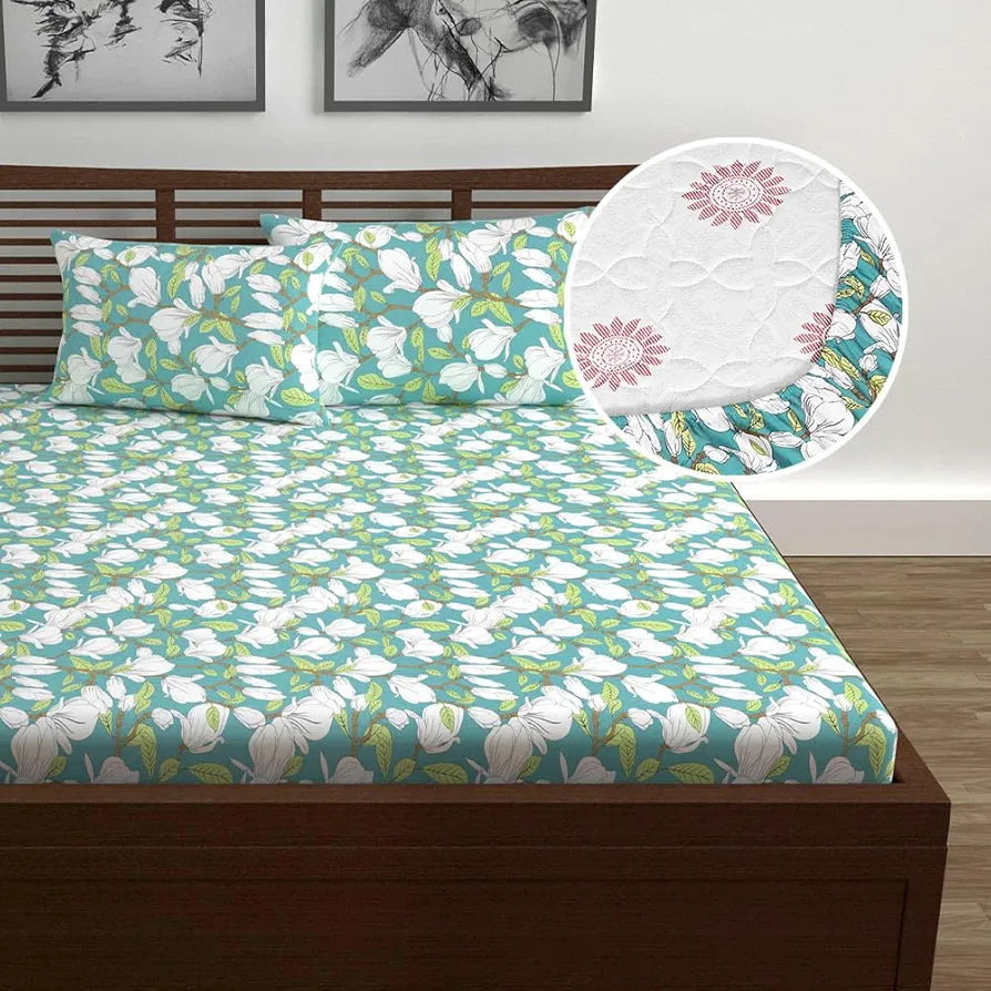 Divine Casa 144 TC Cotton Floral Print Queen Size Fitted Bedsheet with 2 Pillow Covers Elastic & Comfortable Bedding Colour Aspen Green