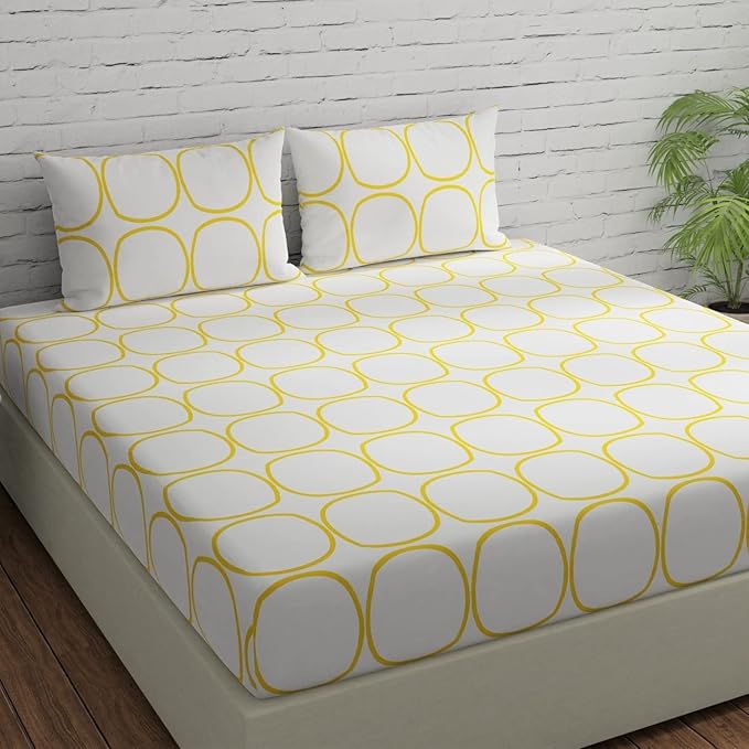 Huesland by Ahmedabad Cotton 144 TC Cotton Bedsheets for King Size Bed with 2 Pillow Covers | White (Yellow Circles)
