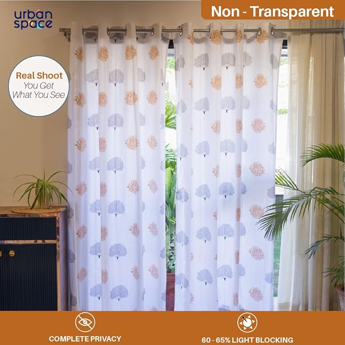 Urban Space Cotton Curtains 7 feet for Door Set of 2 with Stainless Steel Rings and TieBack (Colour Trees Brown)