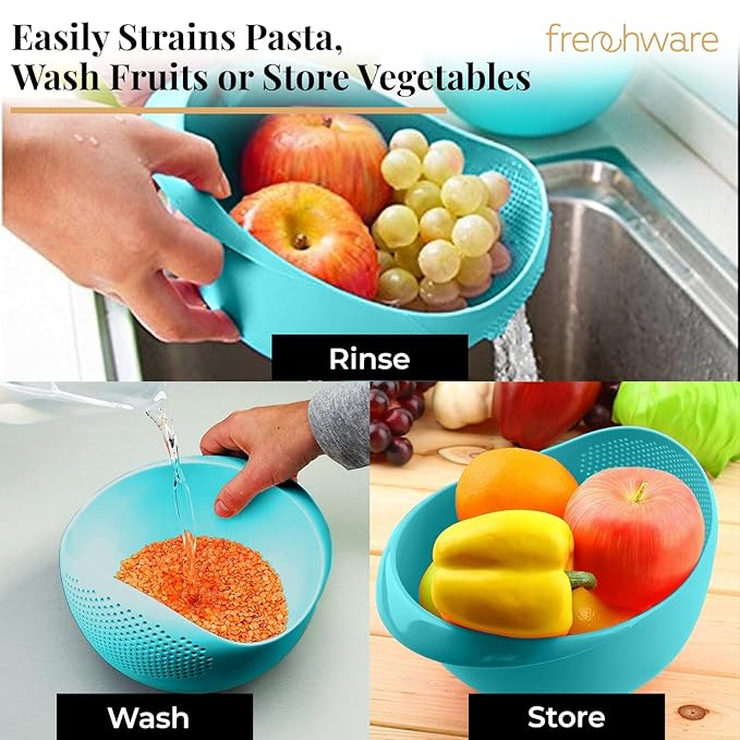 Frenchware 1 Unit Plastic Colander Bowl | Premium-grade Plastic | 100% Food Safe | Dishwasher Safe | Blue Colour