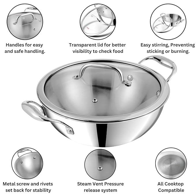 Vinod Platinum Triply Stainless Steel Extra Deep Kadai with Glass Lid 3.2 Litre (24 cm) | 2.5mm Thick | Kadai for Cooking