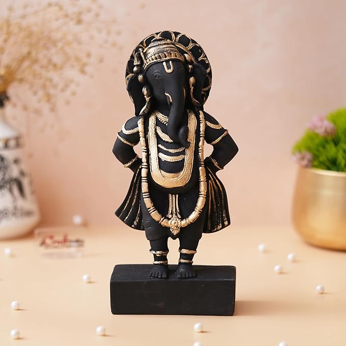 Ecraftindia Black & Golden Polyresin Handcrafted Standing Lord Ganesha Statue