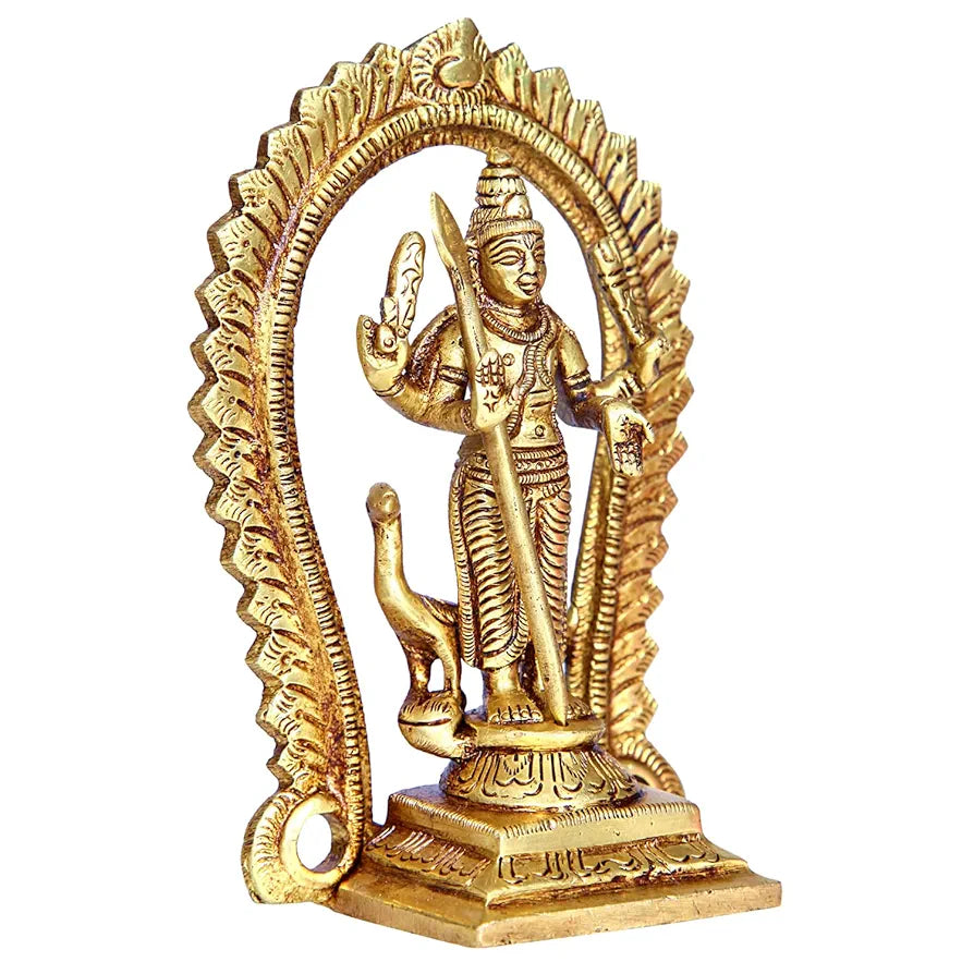 anciently Brass Murugan Idol/Lord Kartikeya Statue/Subrahmanya Swami Idol, 12.5cm Height, Gold Colour - 